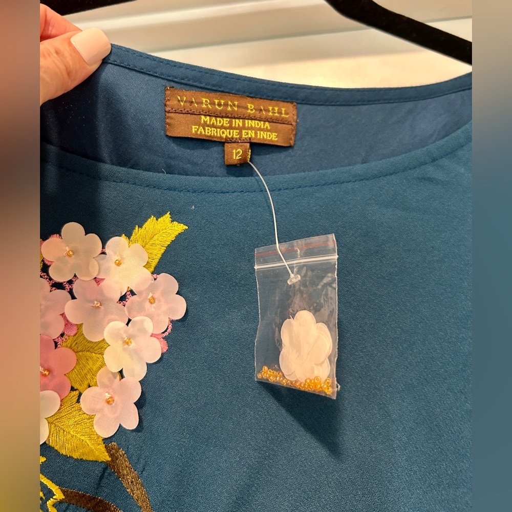 Anthropologie Varun Bahl Hydrangea Floral Dress Blue Applique Embroidery Sz 12 - Picture 5 of 11